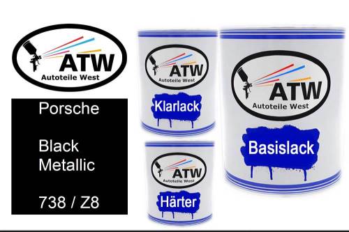 Porsche, Black Metallic, 738 / Z8: 1L Lackdose + 1L Klarlack + 500ml Härter - Set, von ATW Autoteile West.